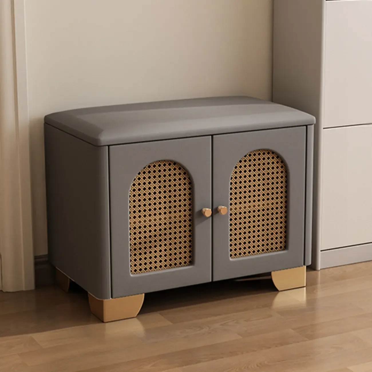 Cubic Wooden Upholstered Entryway Bench with Doors Image - 6