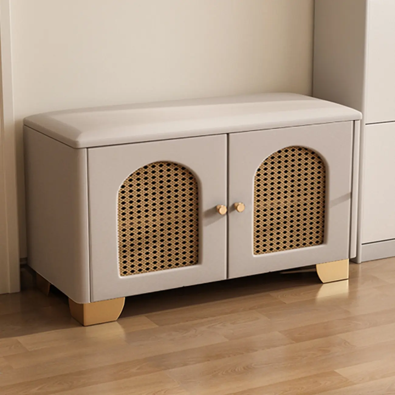 Cubic Wooden Upholstered Entryway Bench with Doors Image - 11 | homeyfad