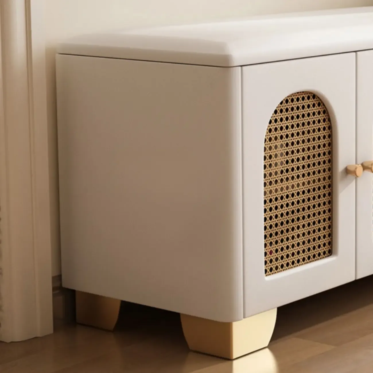 Cubic Wooden Upholstered Entryway Bench with Doors Image - 12