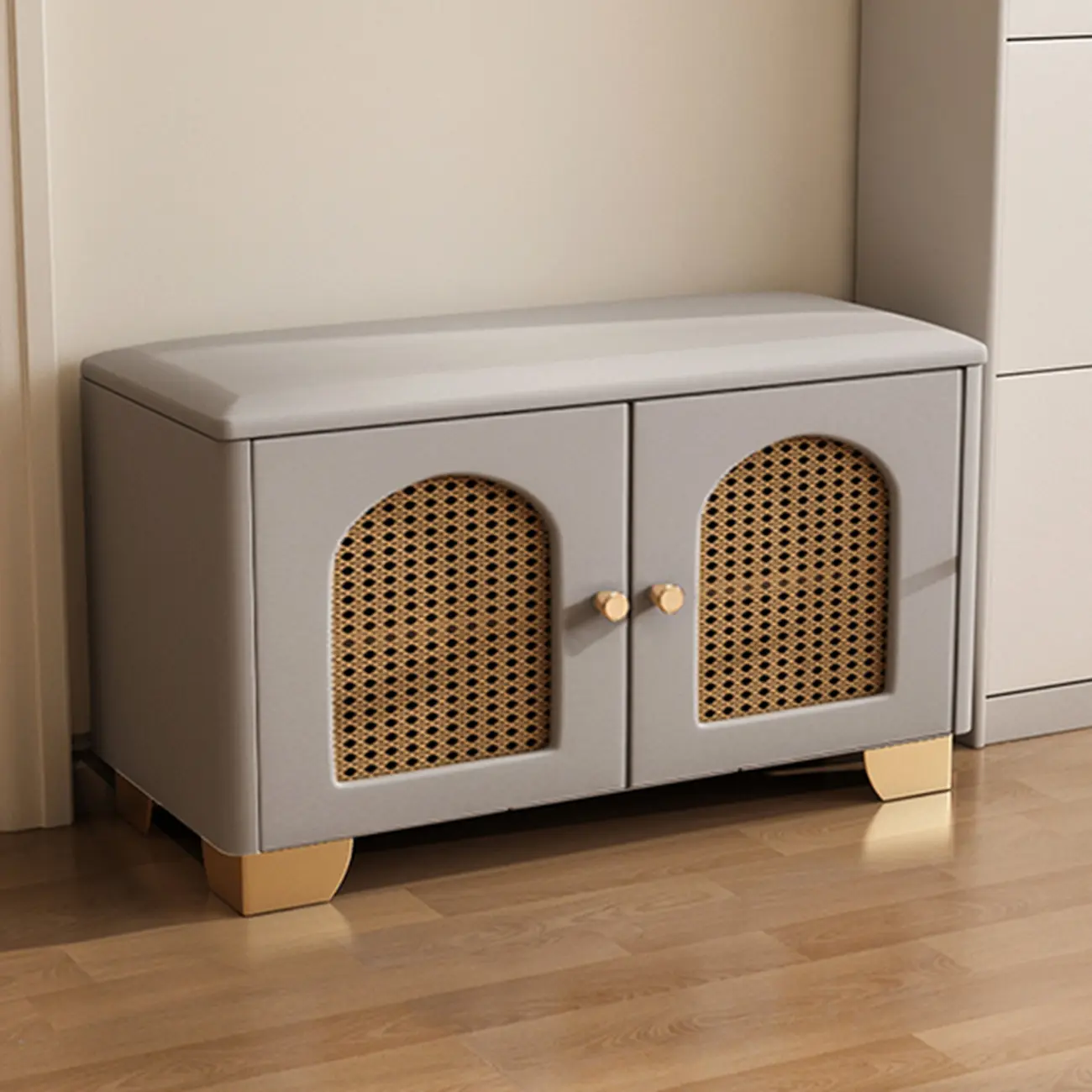 Cubic Wooden Upholstered Entryway Bench with Doors Image - 16 | homeyfad