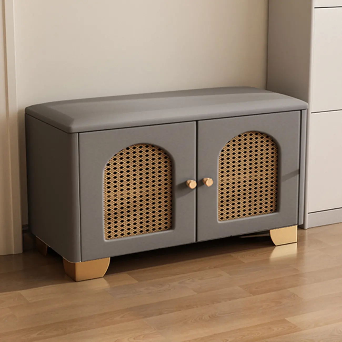 Cubic Wooden Upholstered Entryway Bench with Doors Image - 17 | homeyfad