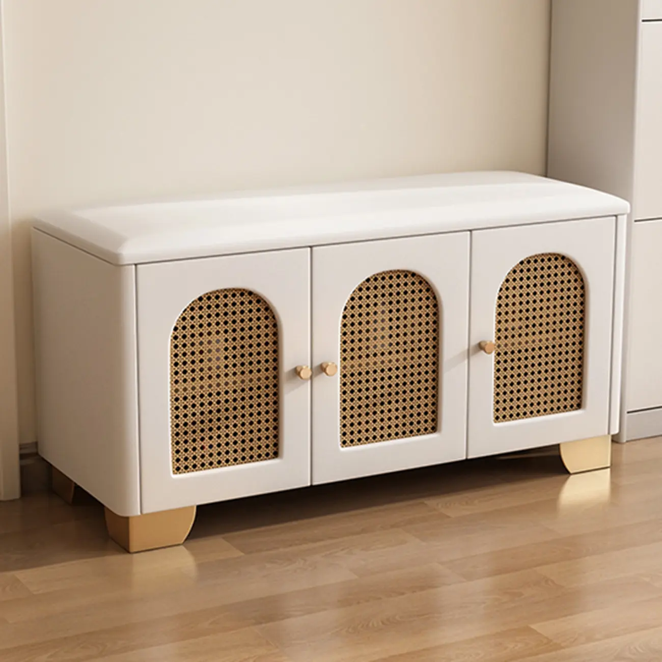 Cubic Wooden Upholstered Entryway Bench with Doors Image - 18 | homeyfad