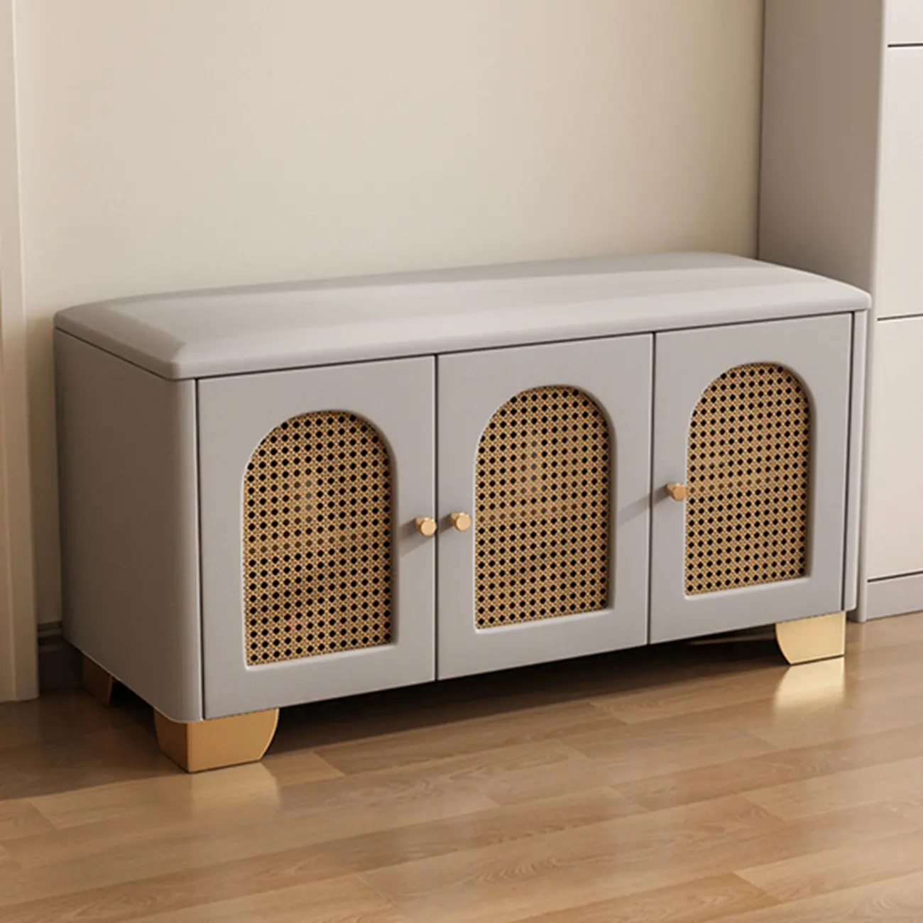 Cubic Wooden Upholstered Entryway Bench with Doors Image - 19 | homeyfad