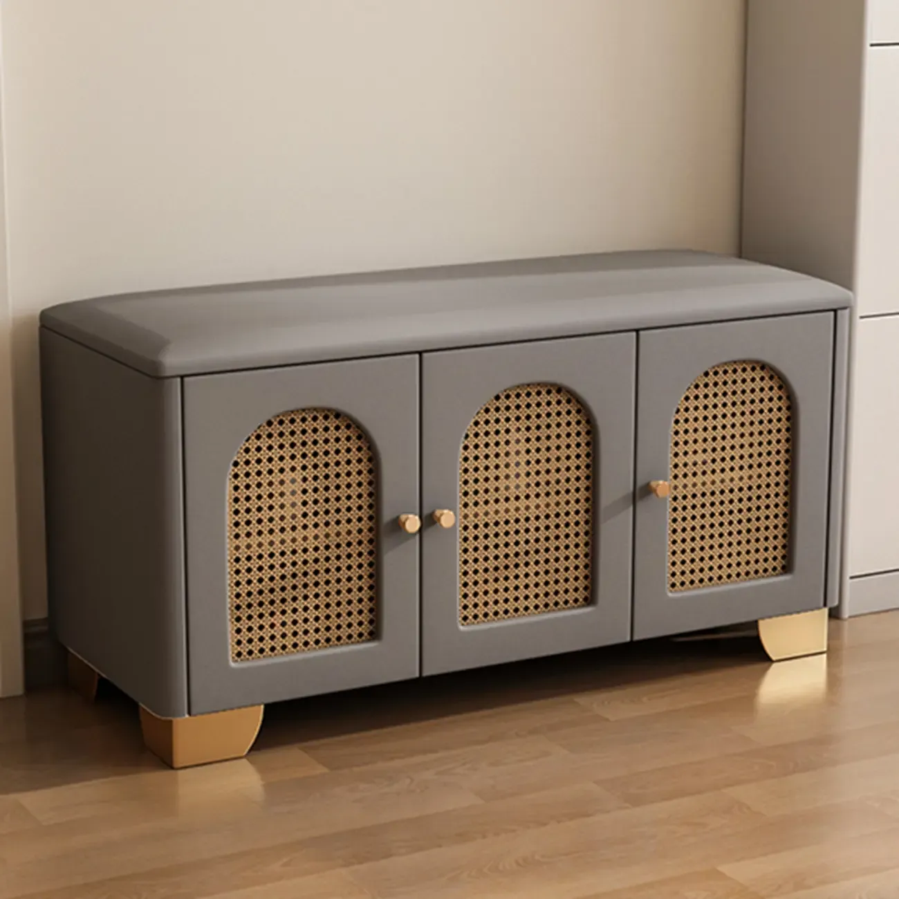 Cubic Wooden Upholstered Entryway Bench with Doors Image - 20