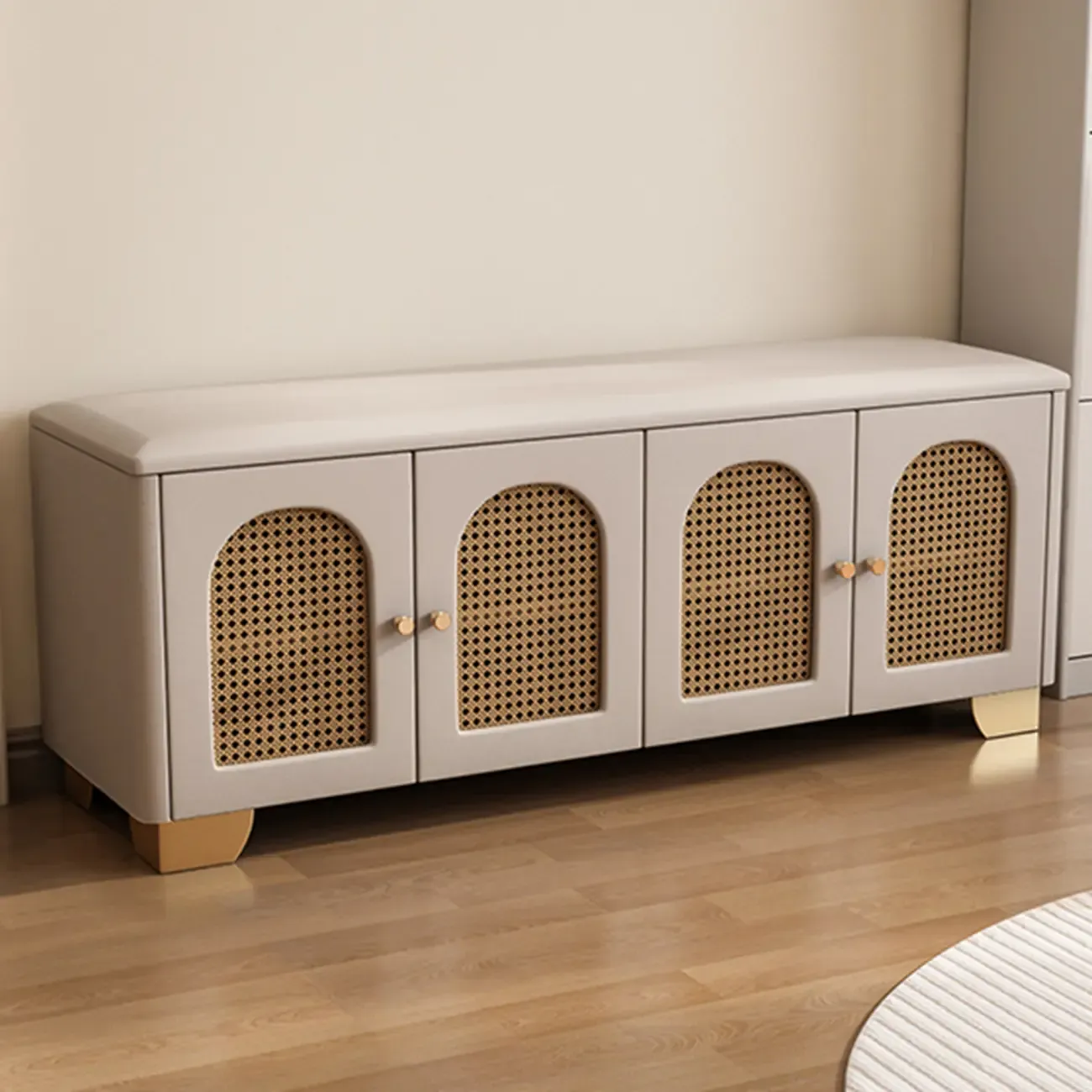 Cubic Wooden Upholstered Entryway Bench with Doors Image - 21