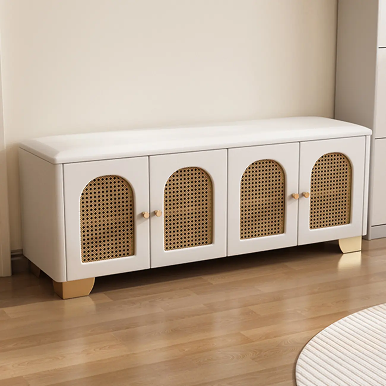 Cubic Wooden Upholstered Entryway Bench with Doors Image - 22 | homeyfad