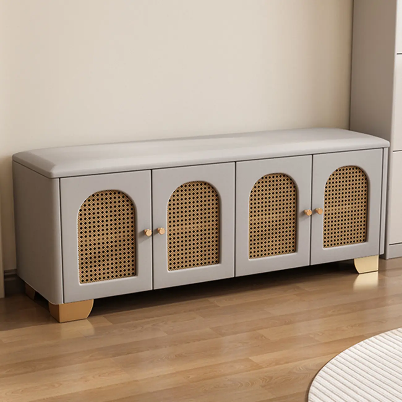 Cubic Wooden Upholstered Entryway Bench with Doors Image - 23 | homeyfad