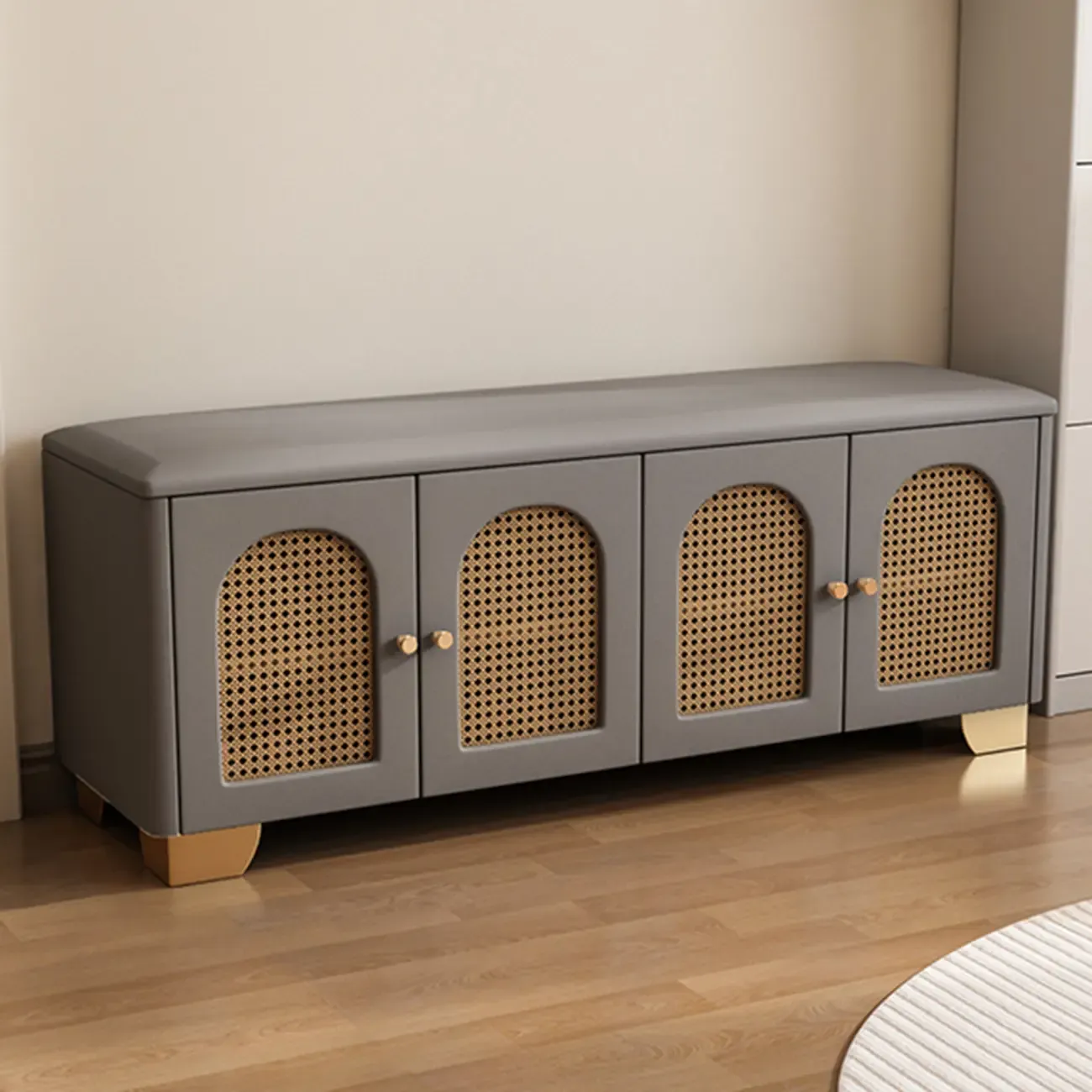 Cubic Wooden Upholstered Entryway Bench with Doors Image - 24