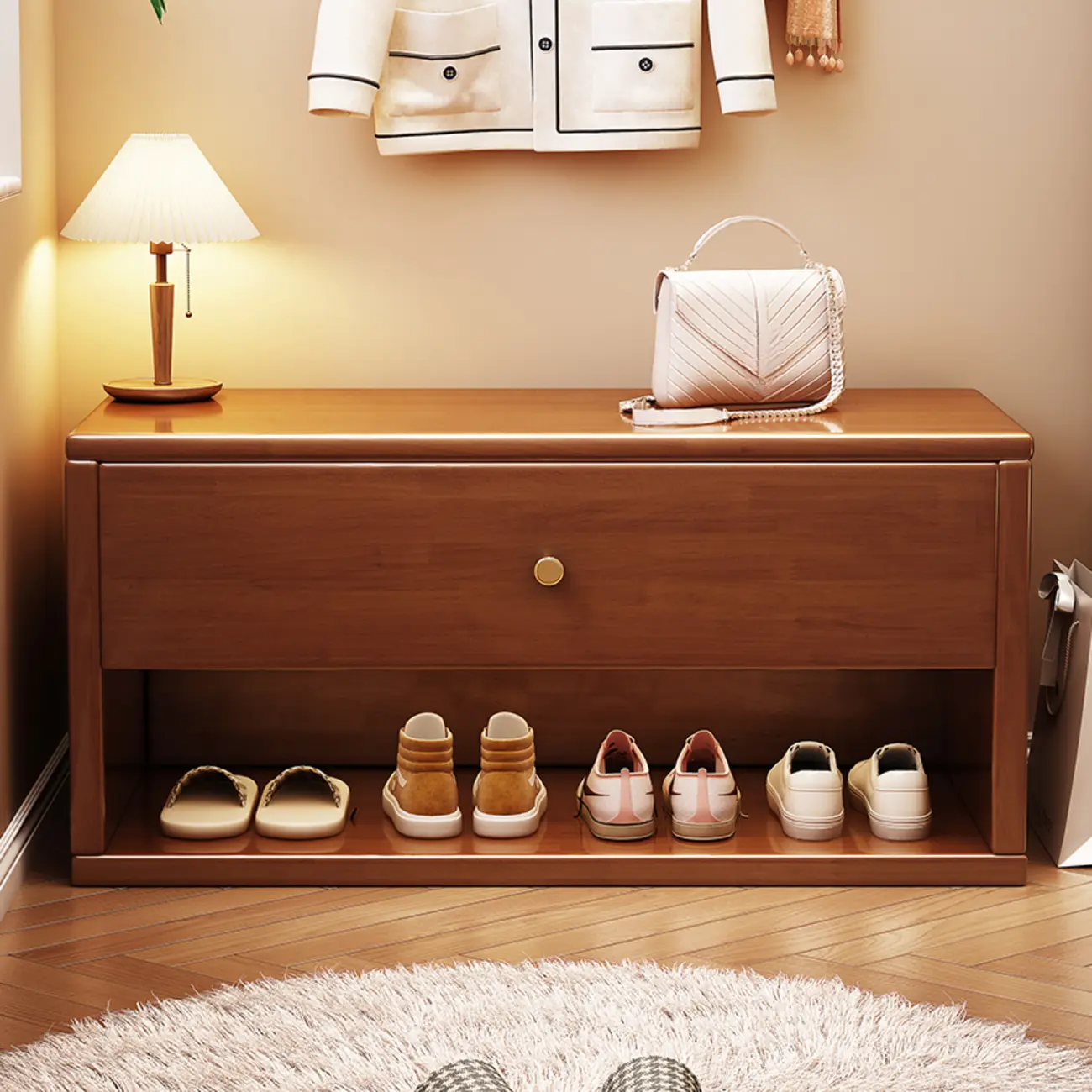 Compact Walnut Wood Storage Entryway Bench with Drawer Image - 3 | homeyfad