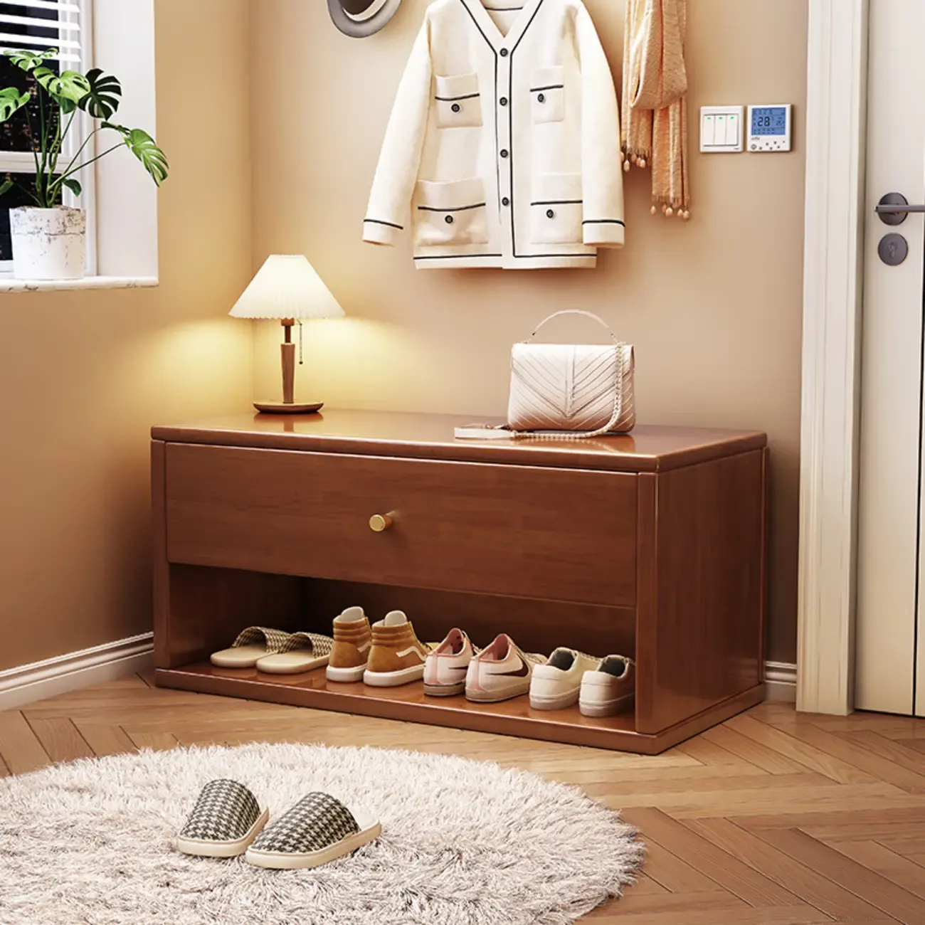 Compact Walnut Wood Storage Entryway Bench with Drawerr | HomeyFad
