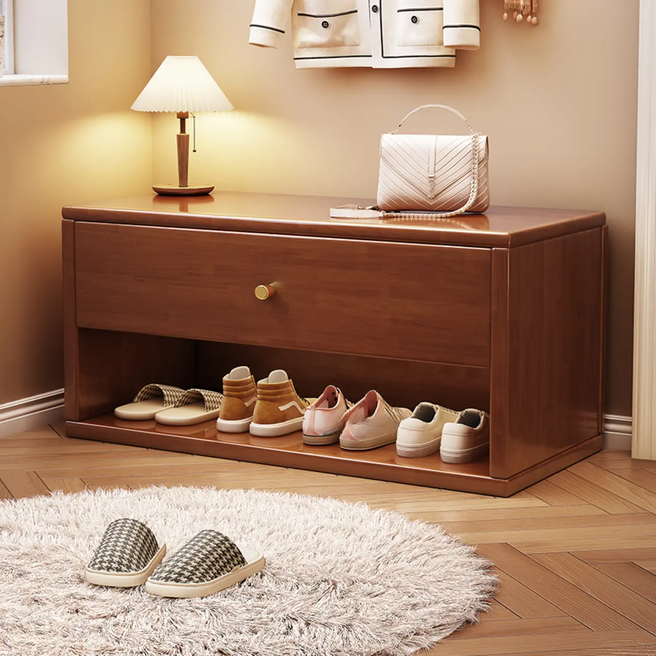 Compact Walnut Wood Storage Entryway Bench with Drawer Image - 7 | homeyfad