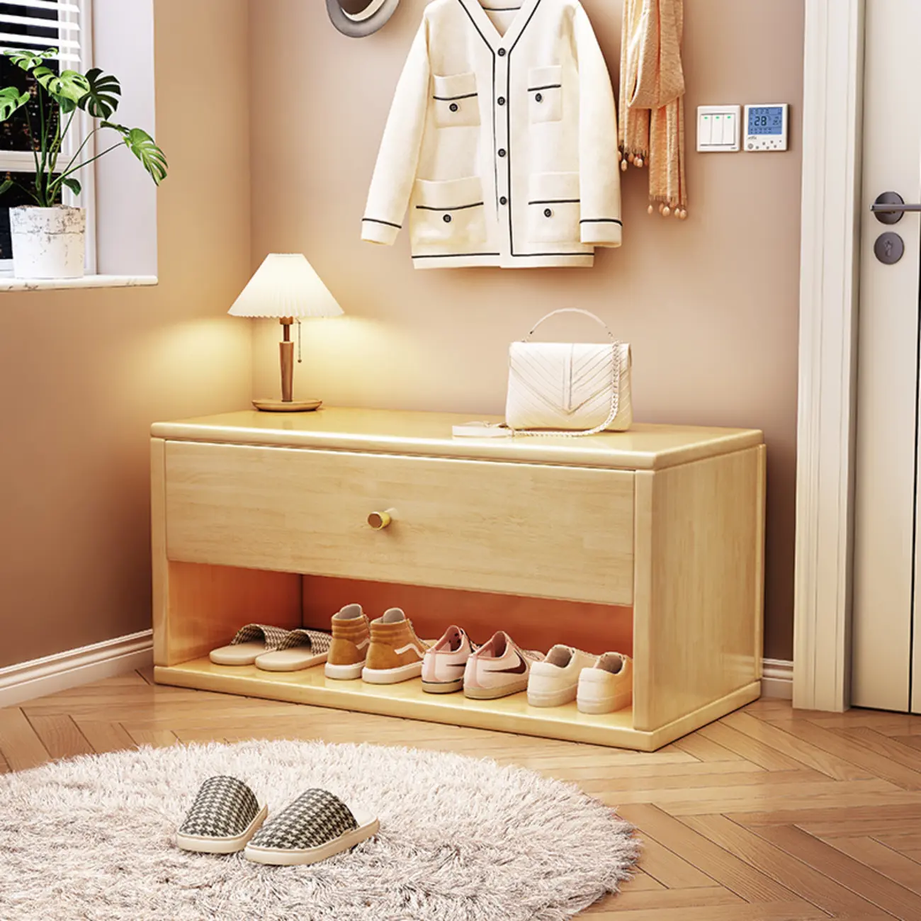 Compact Walnut Wood Storage Entryway Bench with Drawer | homeyfad