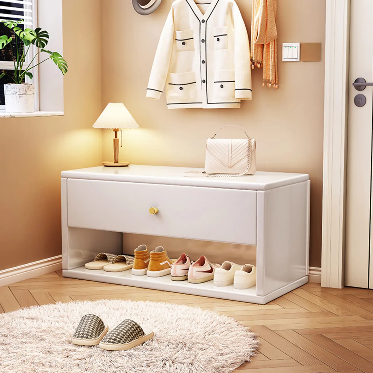 Compact Walnut Wood Storage Entryway Bench with Drawer | homeyfad