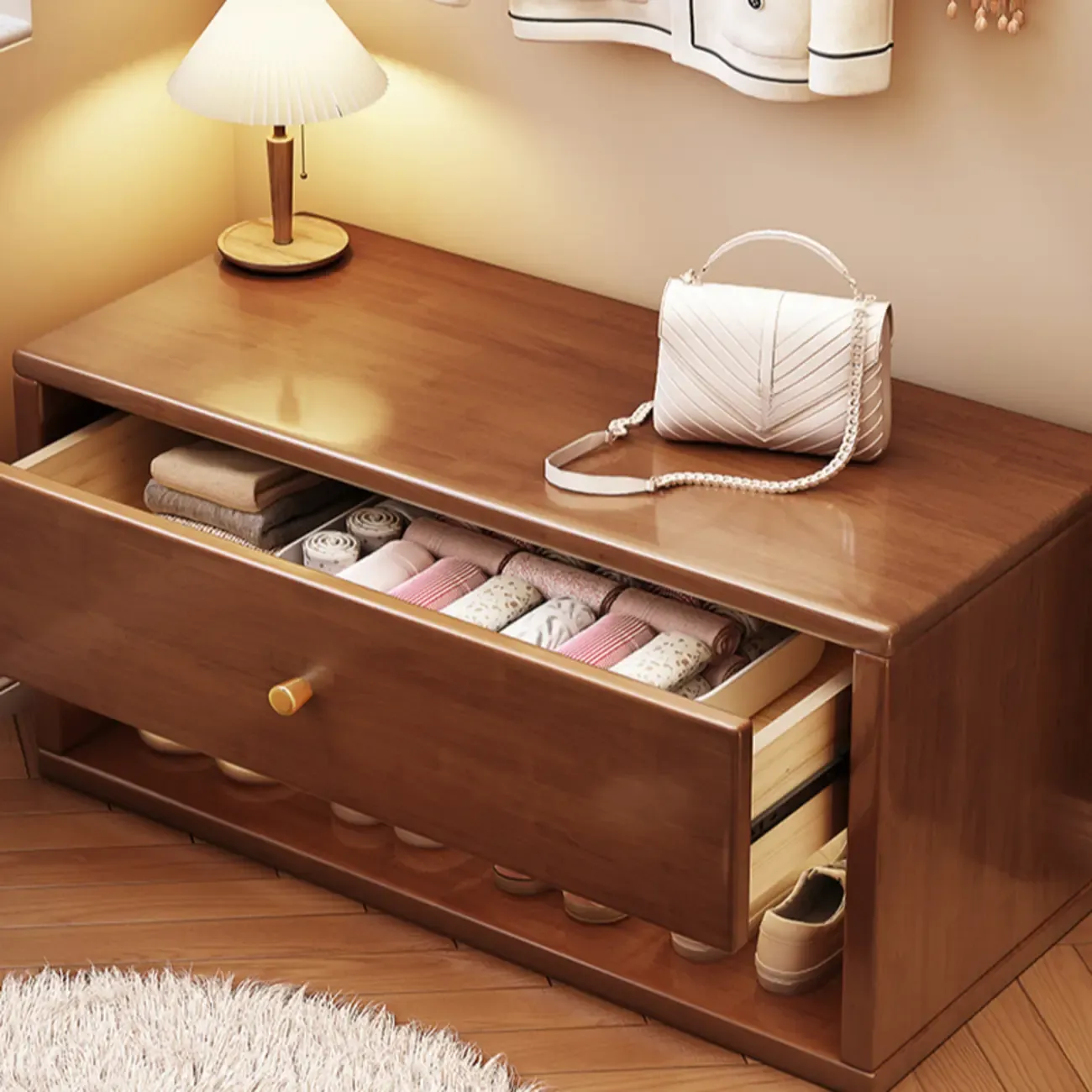 Compact Walnut Wood Storage Entryway Bench with Drawer Image - 4