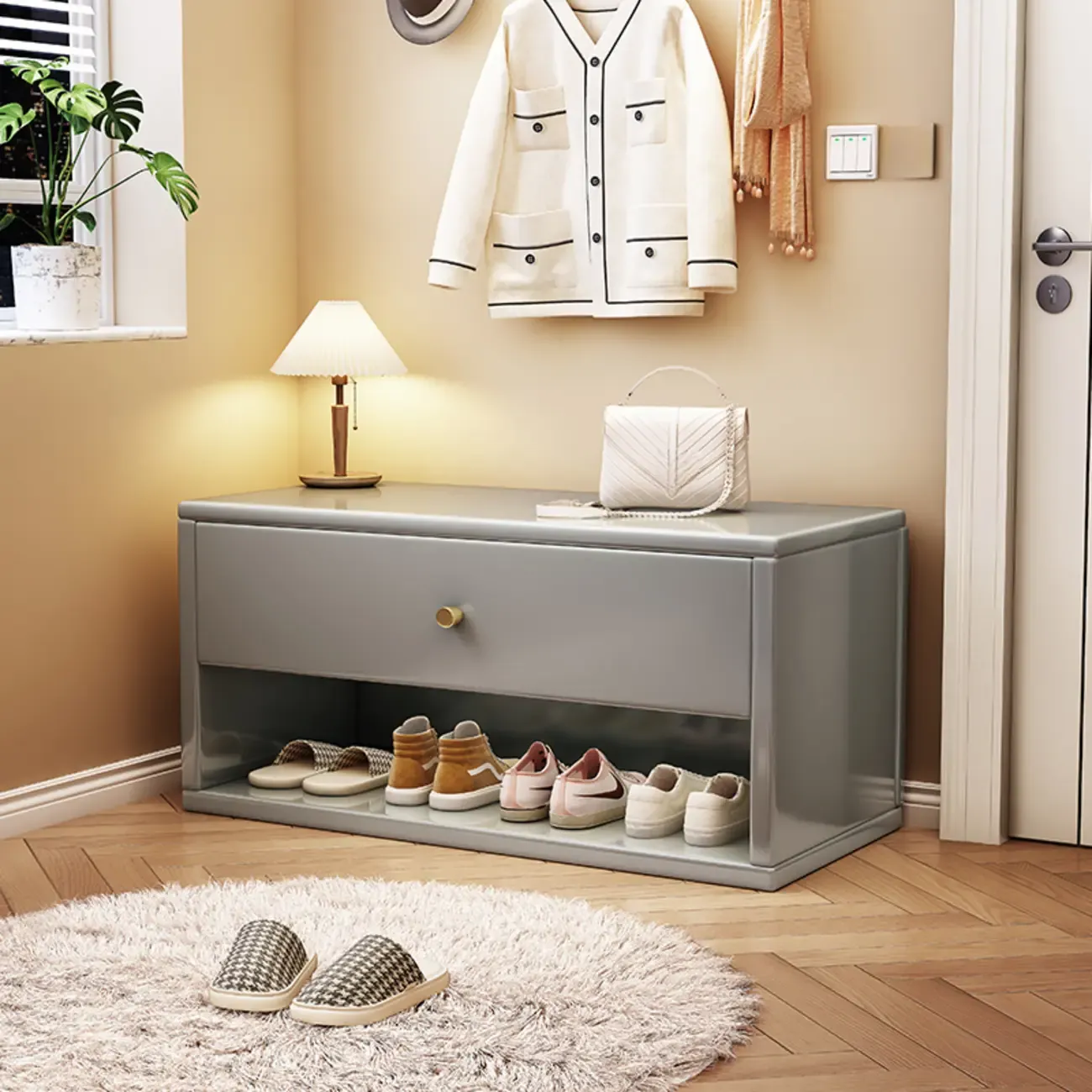 Compact Walnut Wood Storage Entryway Bench with Drawer Image - 6