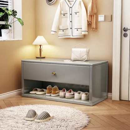 Compact Walnut Wood Storage Entryway Bench with Drawer Image - 6