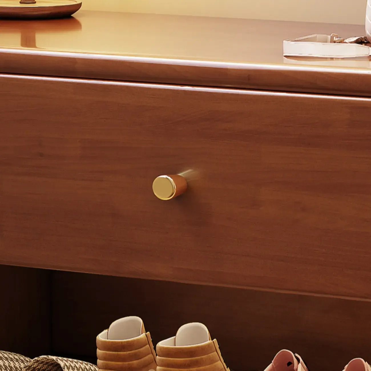 Compact Walnut Wood Storage Entryway Bench with Drawer Image - 9