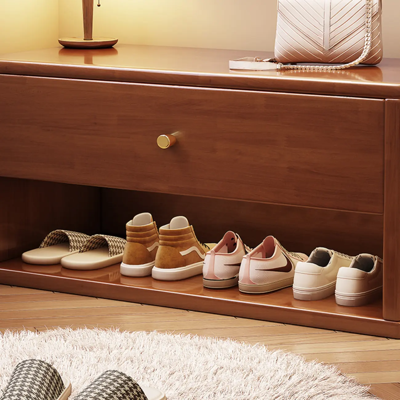 Compact Walnut Wood Storage Entryway Bench with Drawer Image - 10 | homeyfad