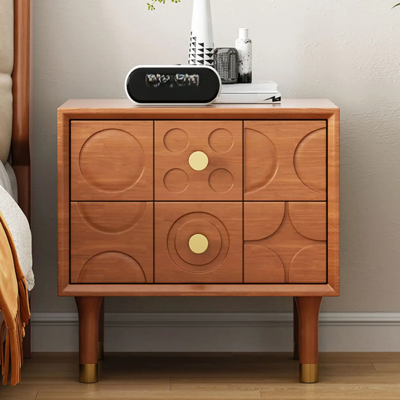 Vintage Wooden Carved Pattern 2 Drawers Bedside Nightstand Image - 1 | homeyfad