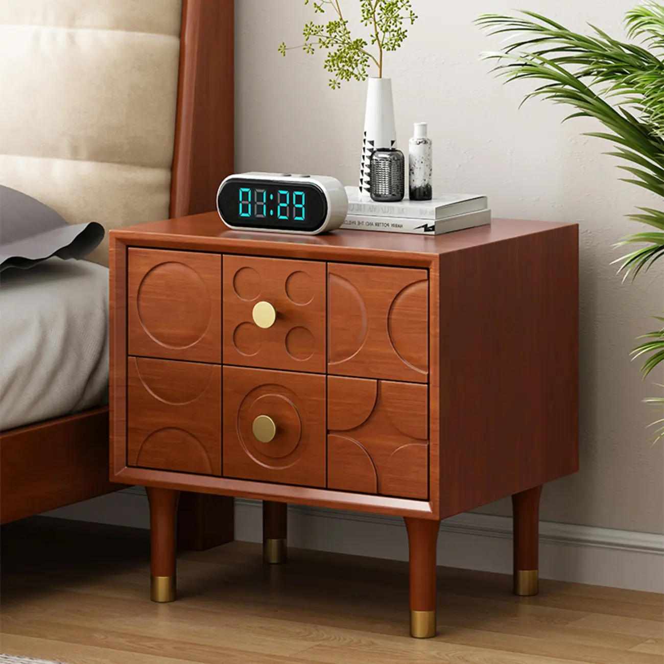 Vintage Wooden Carved Pattern 2 Drawers Bedside Nightstand Image - 2 | homeyfad