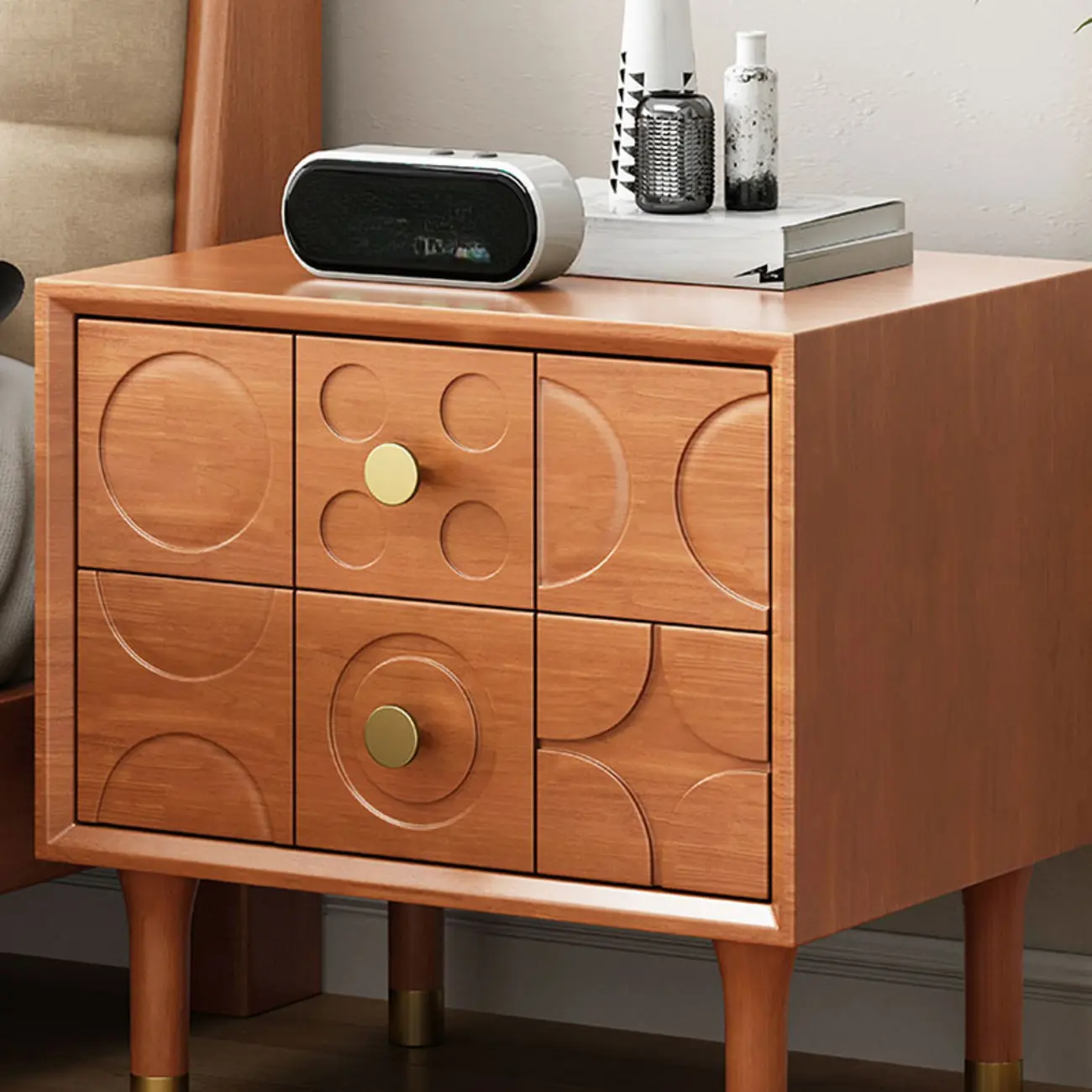 Vintage Wooden Carved Pattern 2 Drawers Bedside Nightstand Image - 4 | homeyfad