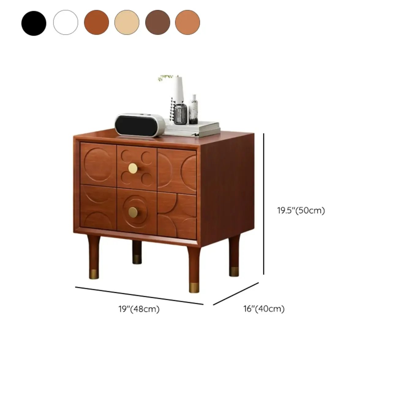 Vintage Wooden Carved Pattern 2 Drawers Bedside Nightstand #size