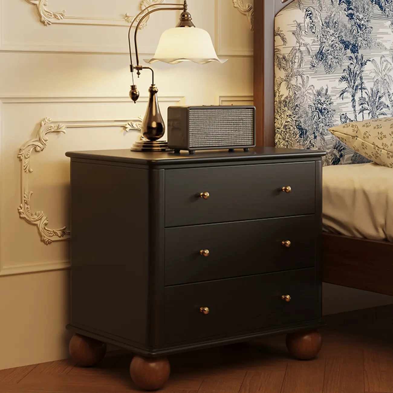 Black Wooden 3-Drawer Spacious Storage Bedroom Nightstand Image - 1 | homeyfad