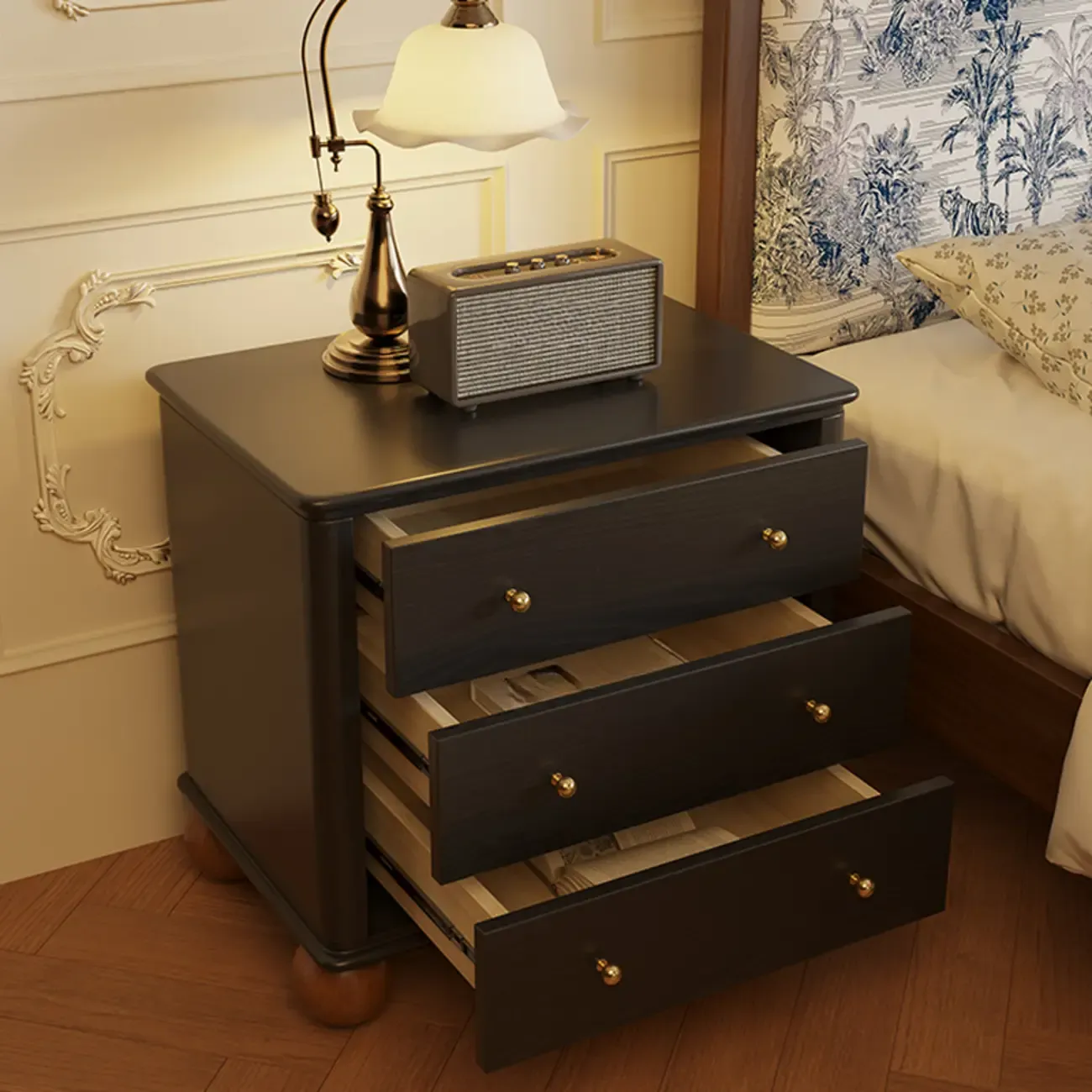 Black Wooden 3-Drawer Spacious Storage Bedroom Nightstand Image - 3