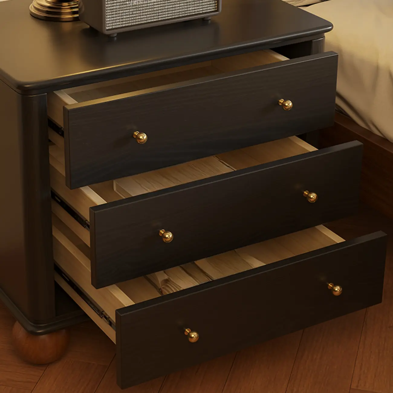 Black Wooden 3-Drawer Spacious Storage Bedroom Nightstand Image - 4 | homeyfad