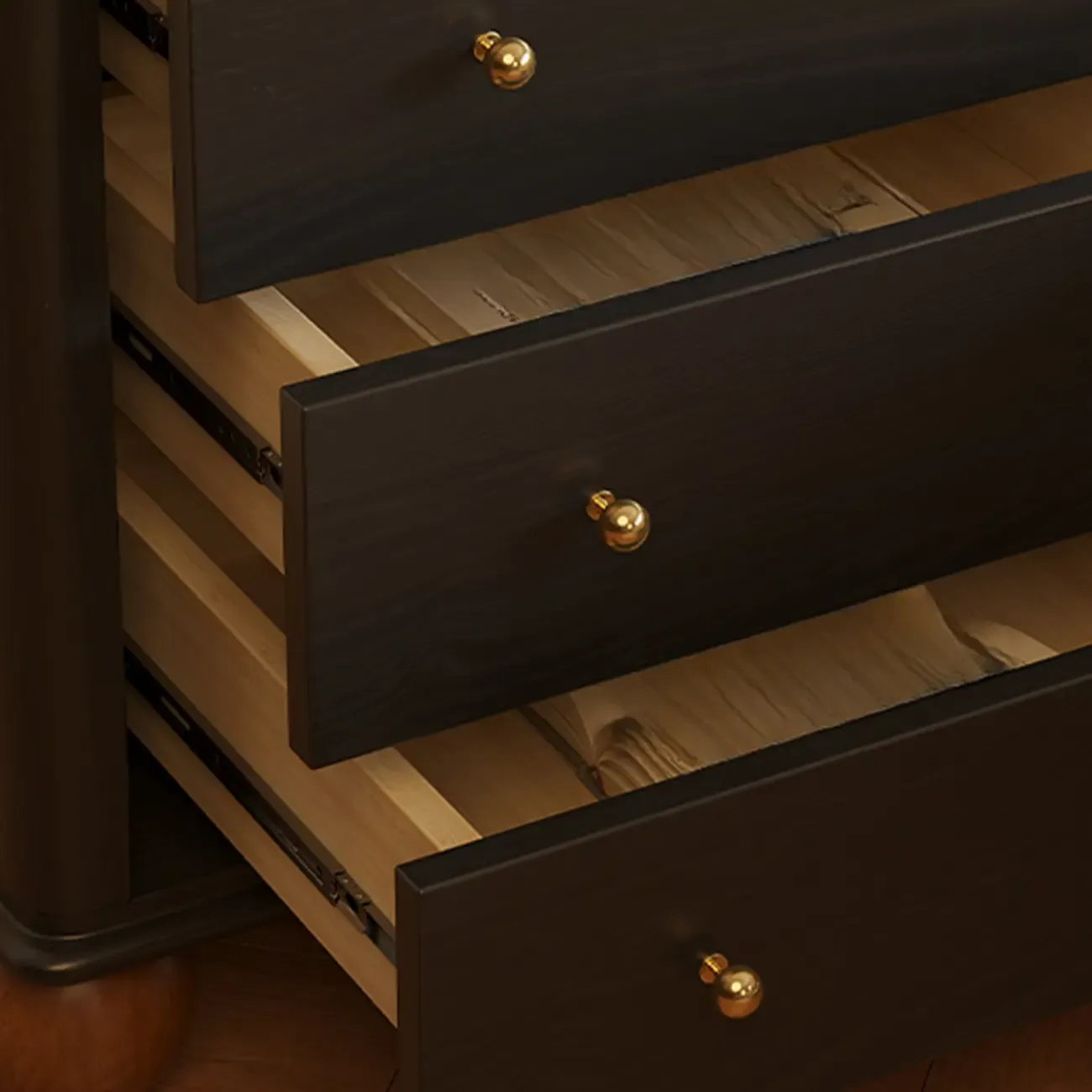 Black Wooden 3-Drawer Spacious Storage Bedroom Nightstand Image - 6