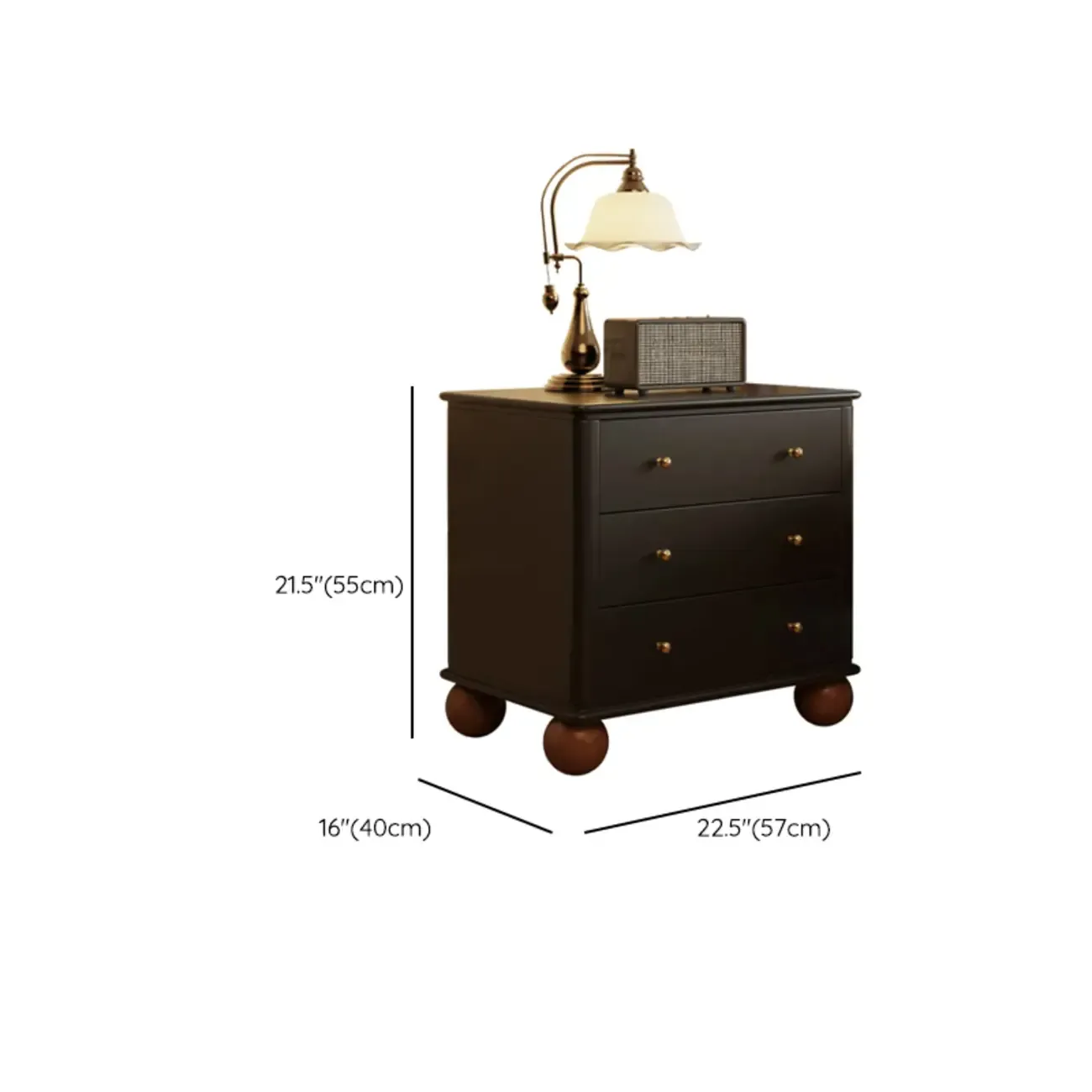 Black Wooden 3-Drawer Spacious Storage Bedroom Nightstand #size