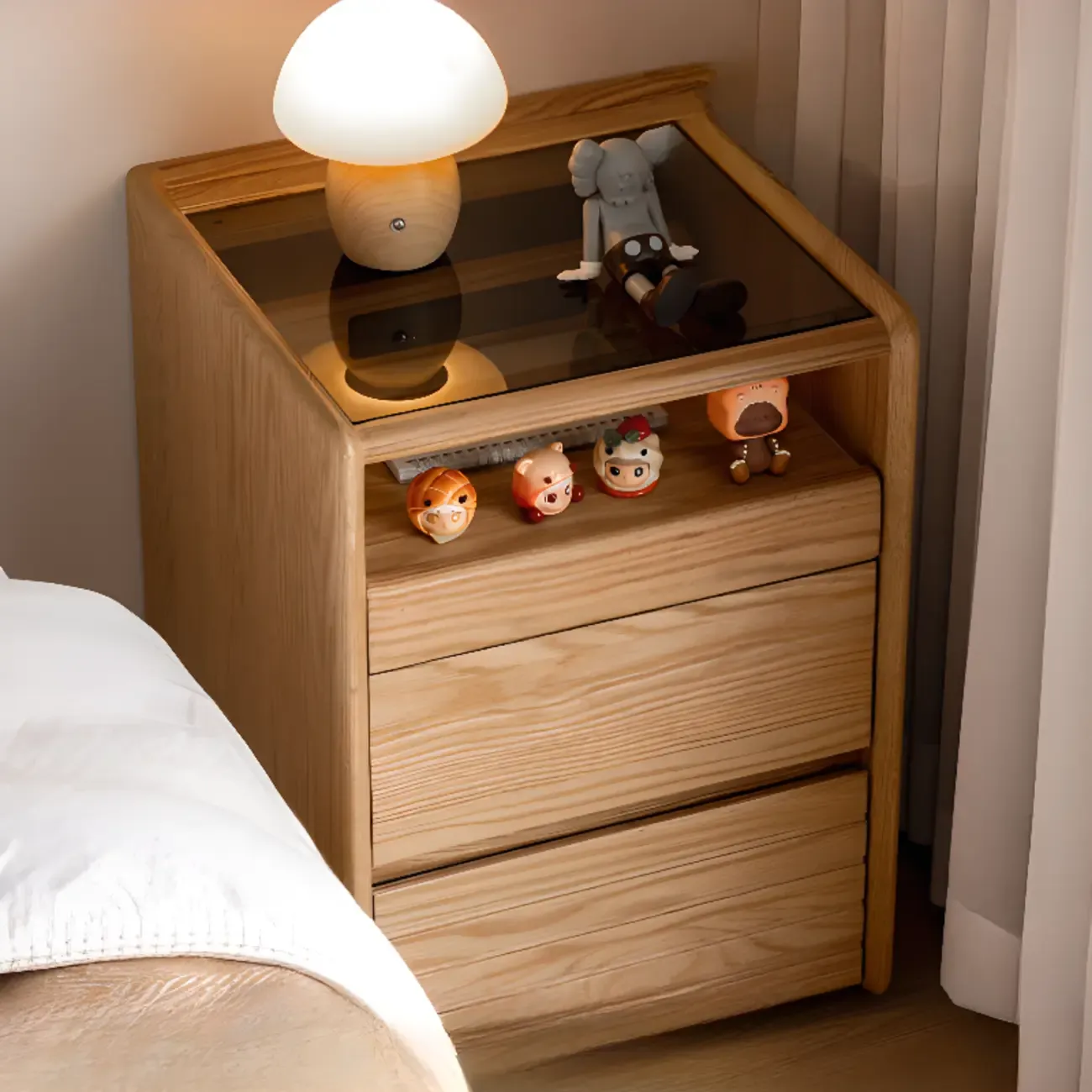 Natural Wooden Multi-Drawer Nightstand with Glass Top Image - 1