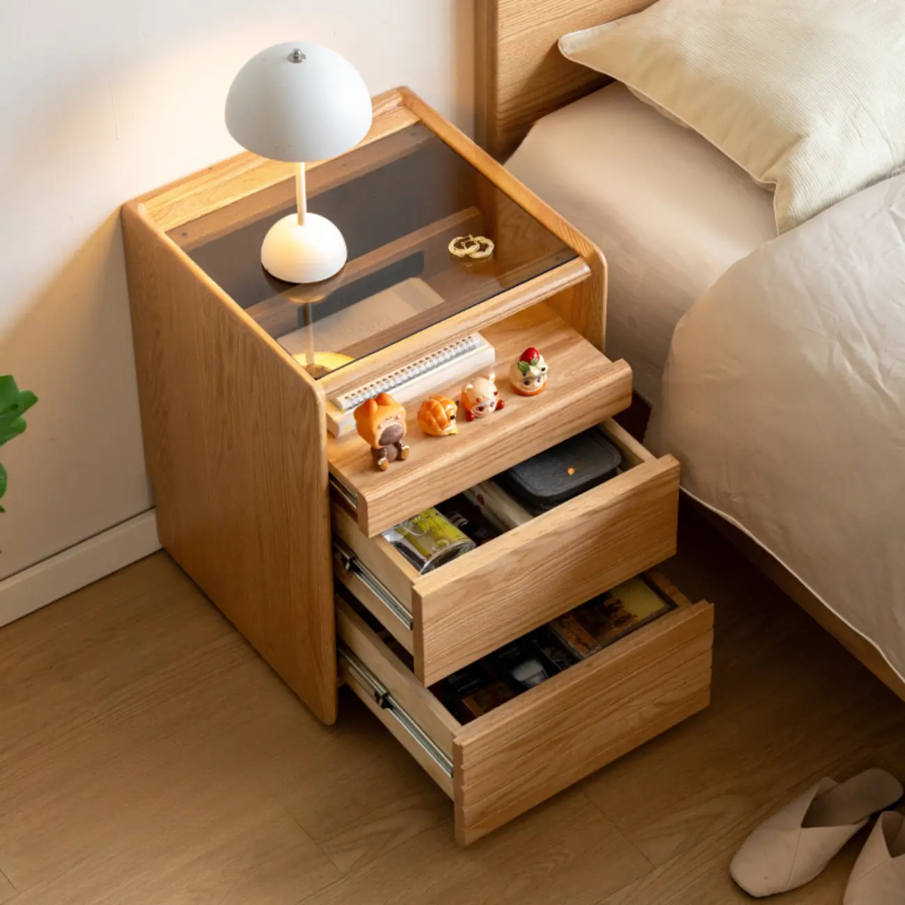 Natural Wooden Multi-Drawer Nightstand with Glass Top Image - 3 | homeyfad
