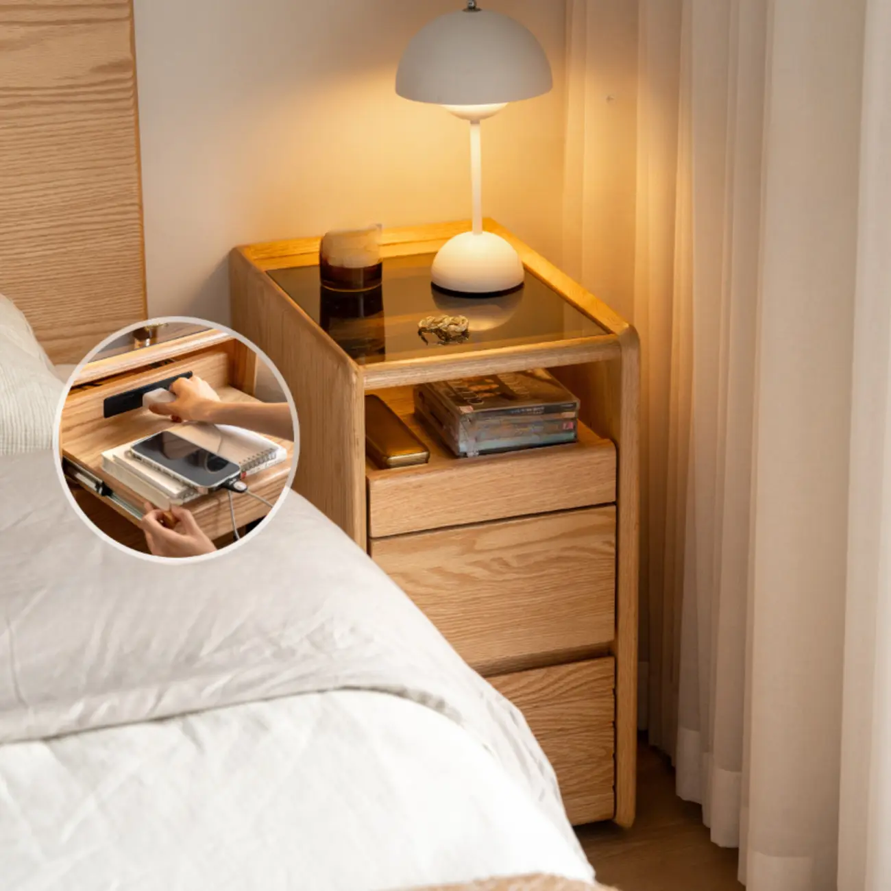 Natural Wooden Multi-Drawer Nightstand with Glass Top Image - 2 | homeyfad