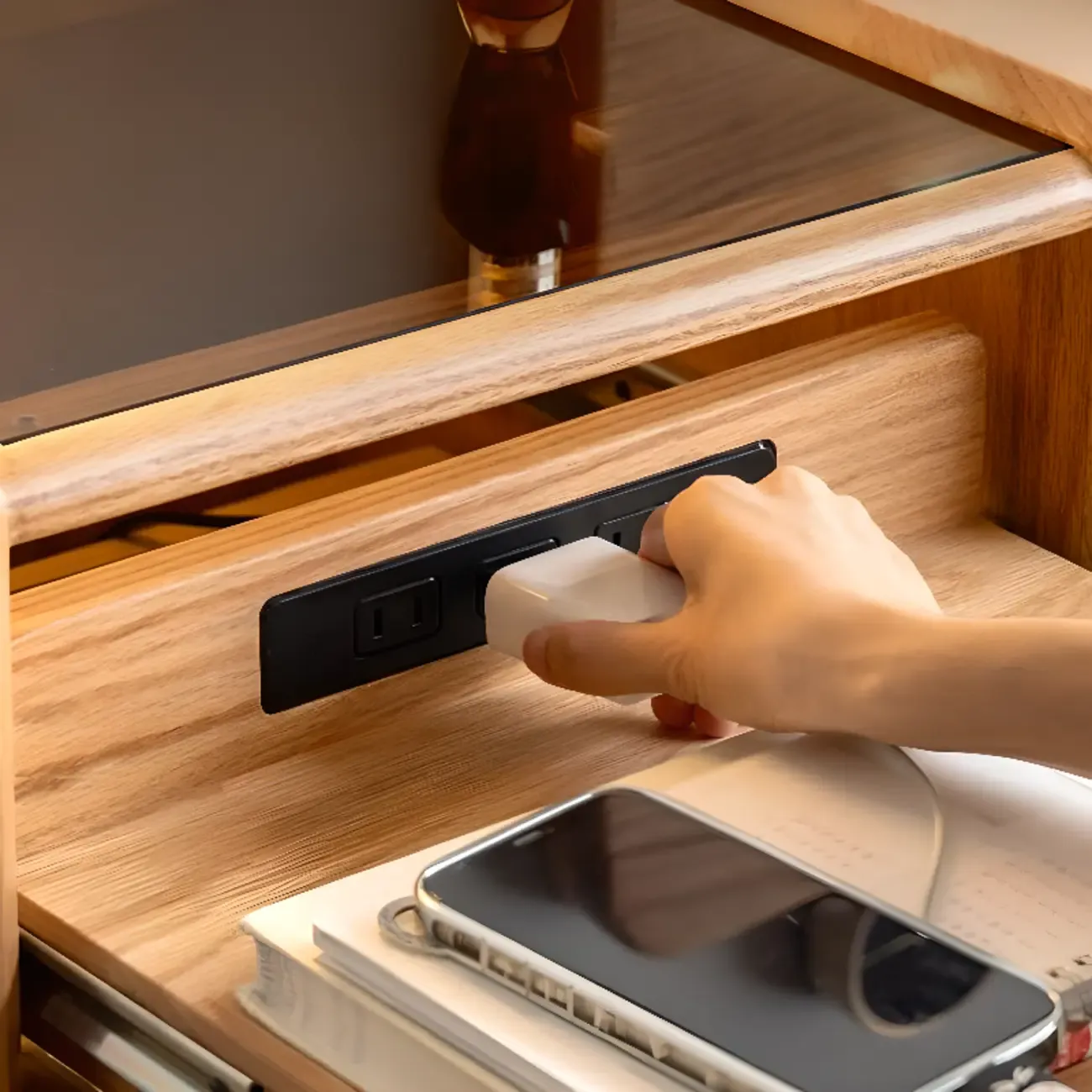 Natural Wooden Multi-Drawer Nightstand with Glass Top Image - 5