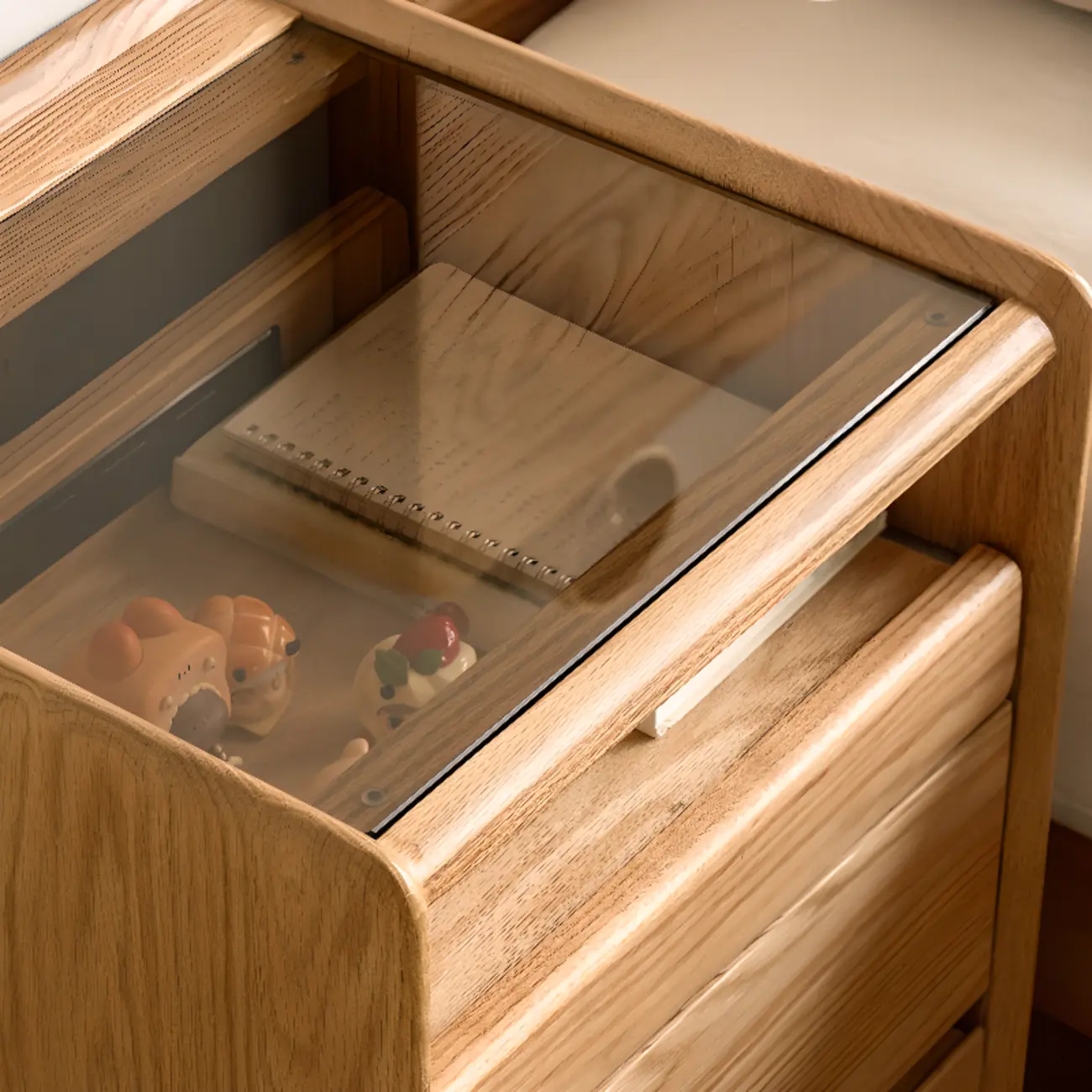 Natural Wooden Multi-Drawer Nightstand with Glass Top Image - 6 | homeyfad