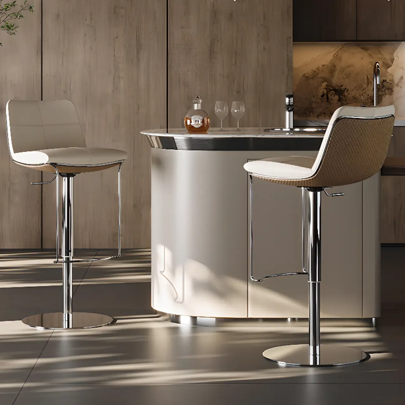 Modern White Leather Square Upholstered Swivel Bar Stools Image - 1