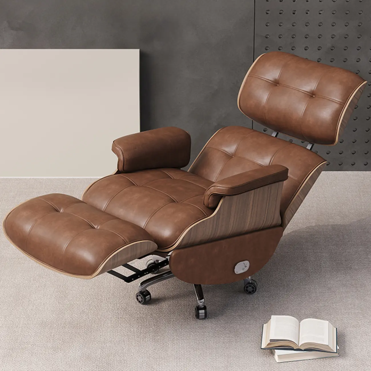Tufted Brown Leather Recliner Massage Swivel Ergonomic Chair Image - 1 | homeyfad