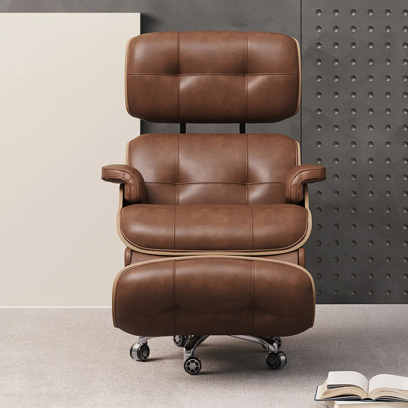 Tufted Brown Leather Recliner Massage Swivel Ergonomic Chair Image - 4 | homeyfad