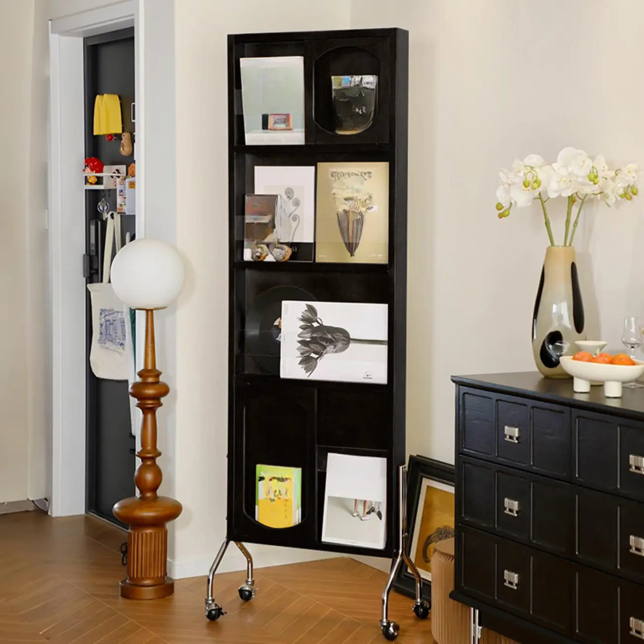 Vertical Wooden Closed Back 5-Shelf Mobile Bookcase Image - 3 | homeyfad