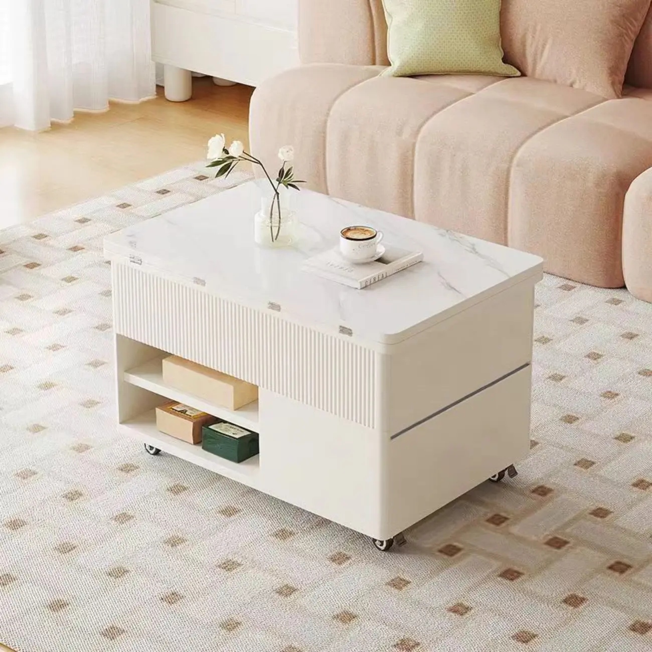 Modern White Wooden Lift-Top Coffee Table with Casters Image - 1 | homeyfad