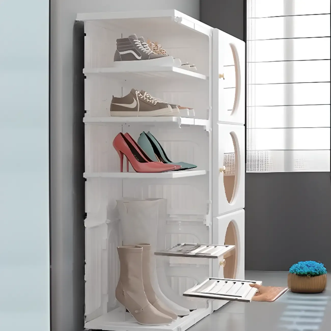 Space-efficient Modern Foldable White Plastic Shoe Cabinet Image - 10