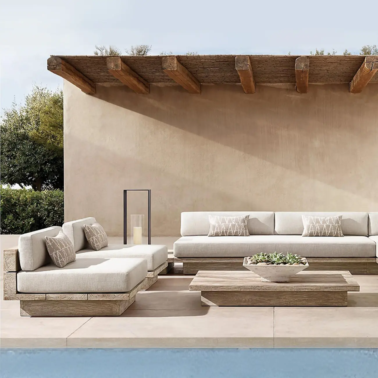 Natural Wooden Patio Sofa with White UV Resistant Cushions Image - 1 | homeyfad
