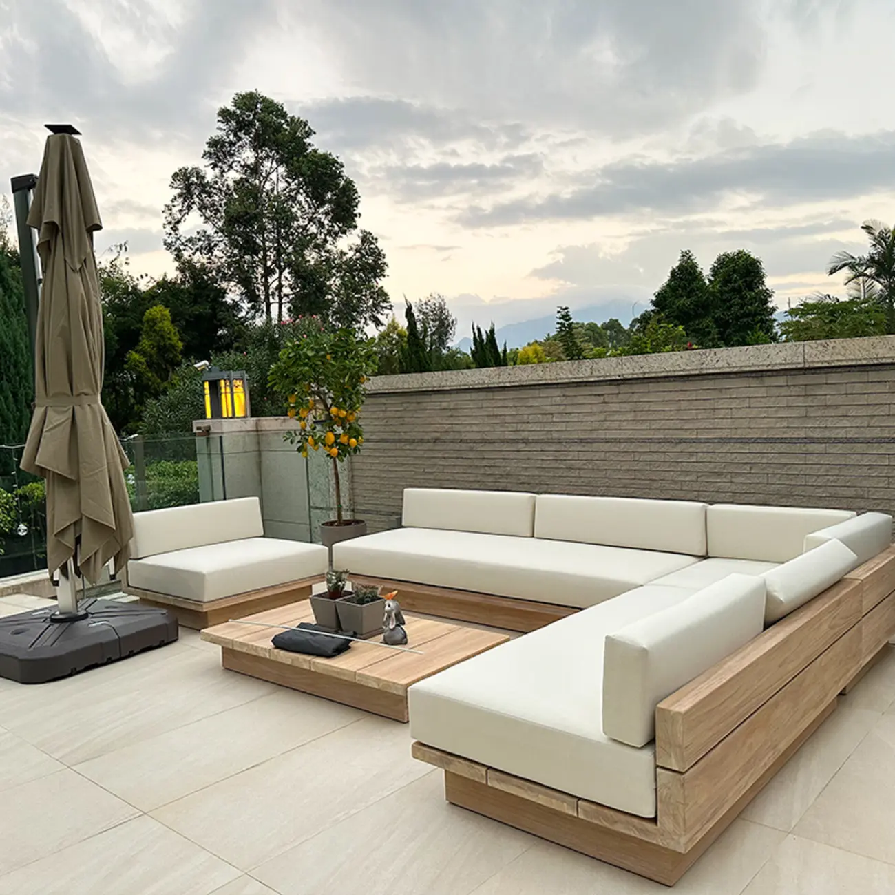 Natural Wooden Patio Sofa with White UV Resistant Cushions Image - 2 | homeyfad