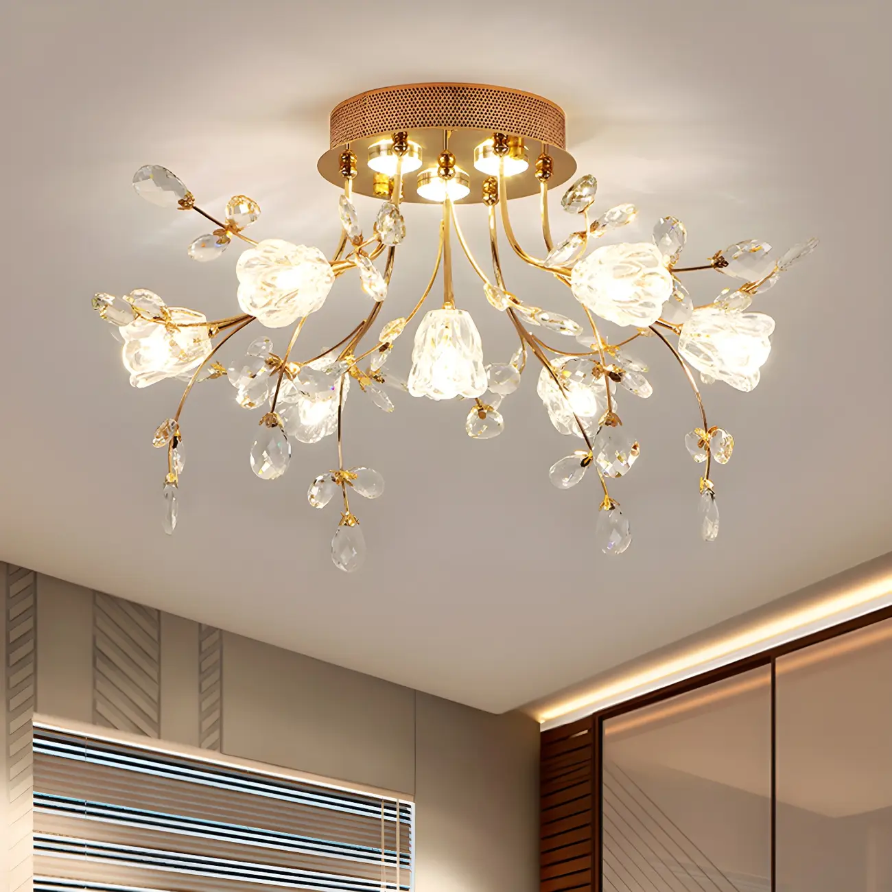 7 Lights Crystal Floral Semi Flush Mount Ceiling Light Image - 1 | homeyfad