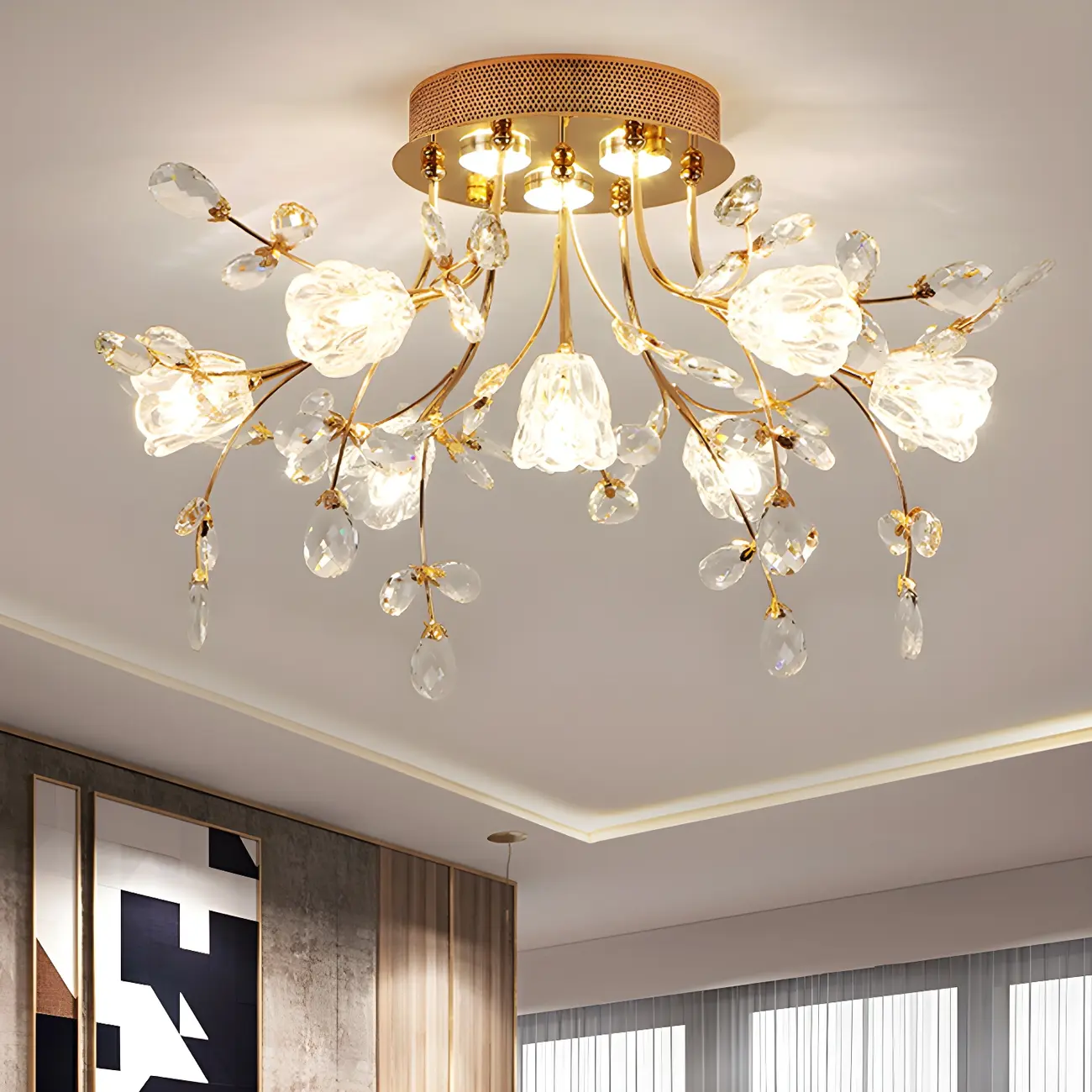 7 Lights Crystal Floral Semi Flush Mount Ceiling Light Image - 2 | homeyfad