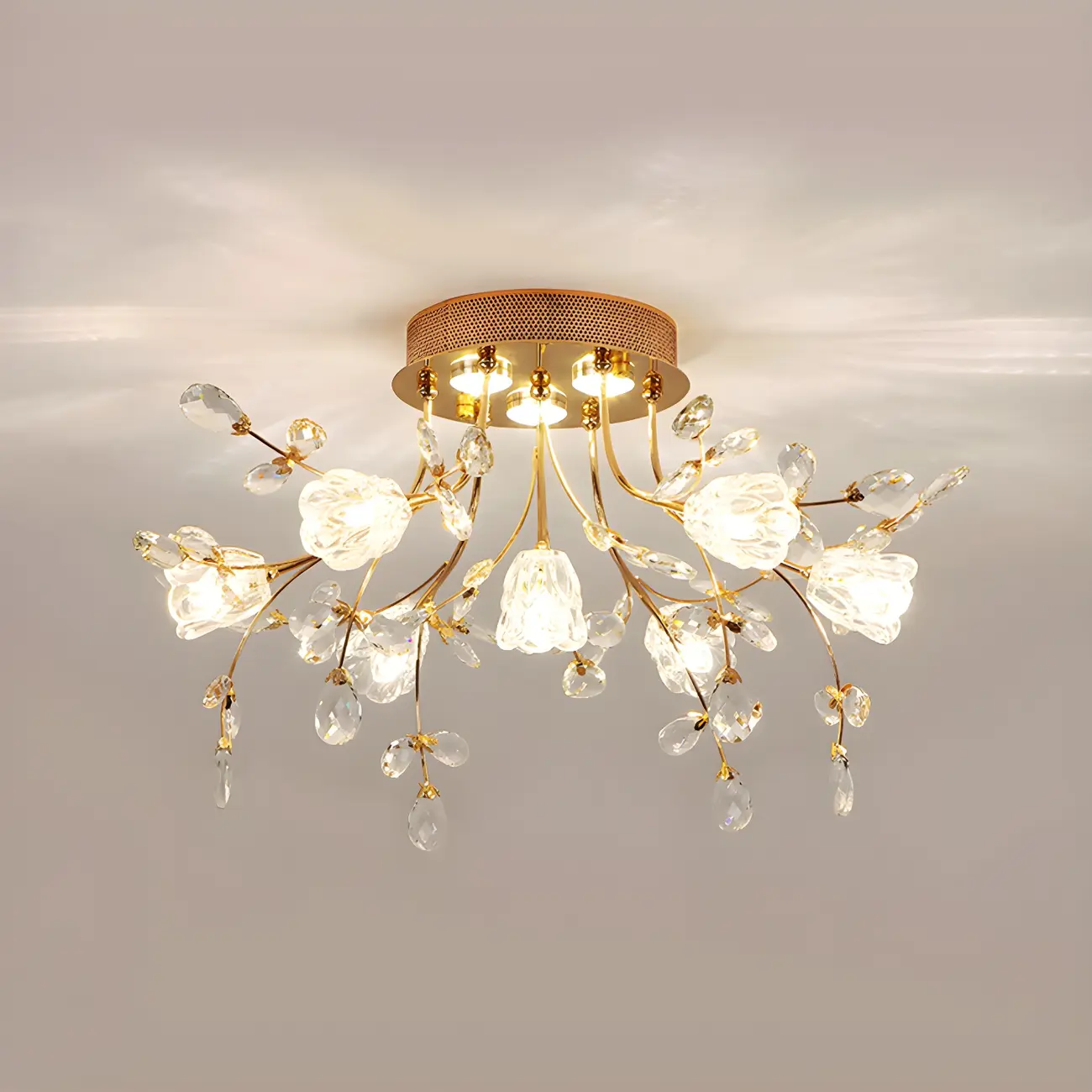 7 Lights Crystal Floral Semi Flush Mount Ceiling Light Image - 3 | homeyfad