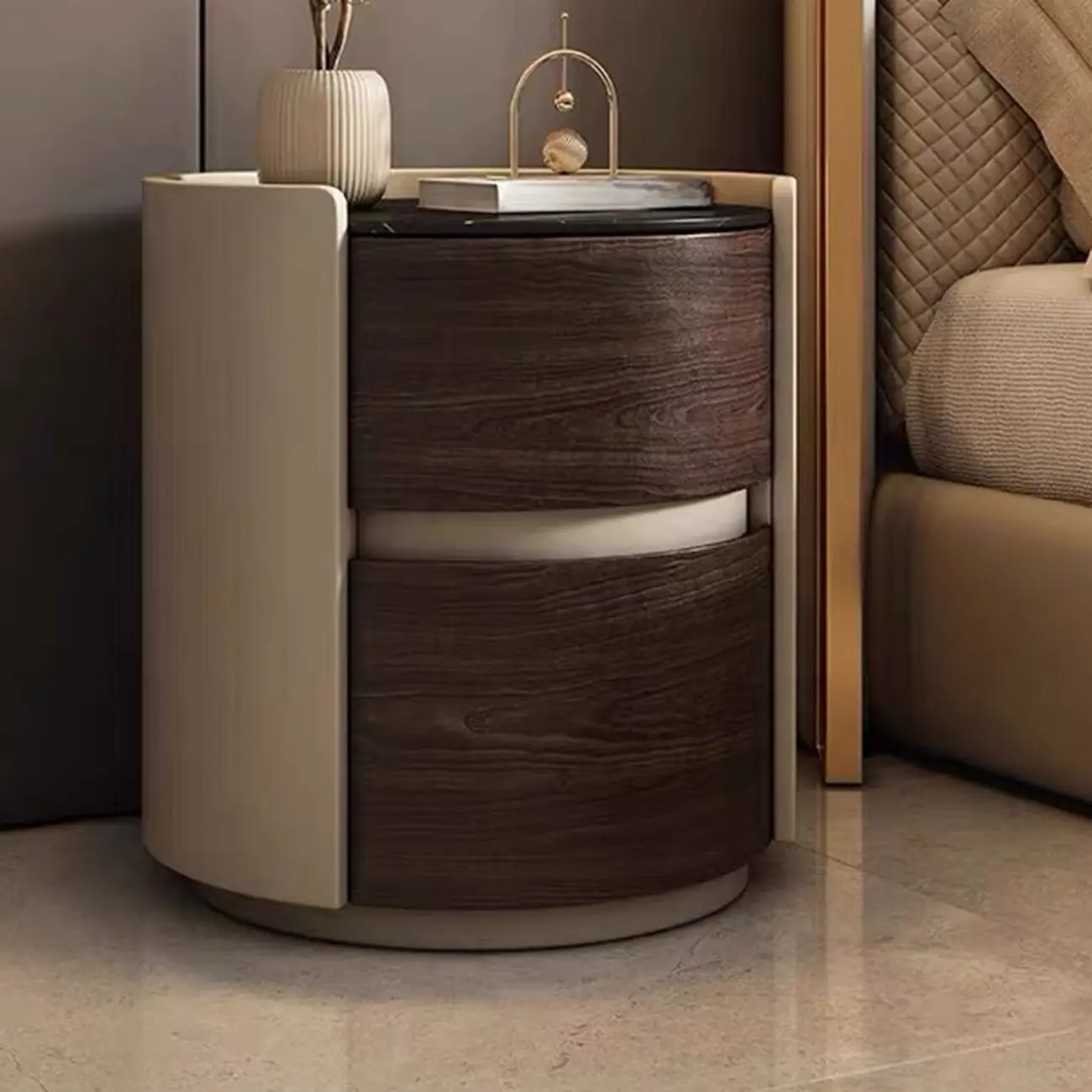 Narrow Pine Wood Soft-Close 2 Tier Round Bedside Table Image - 1 | homeyfad