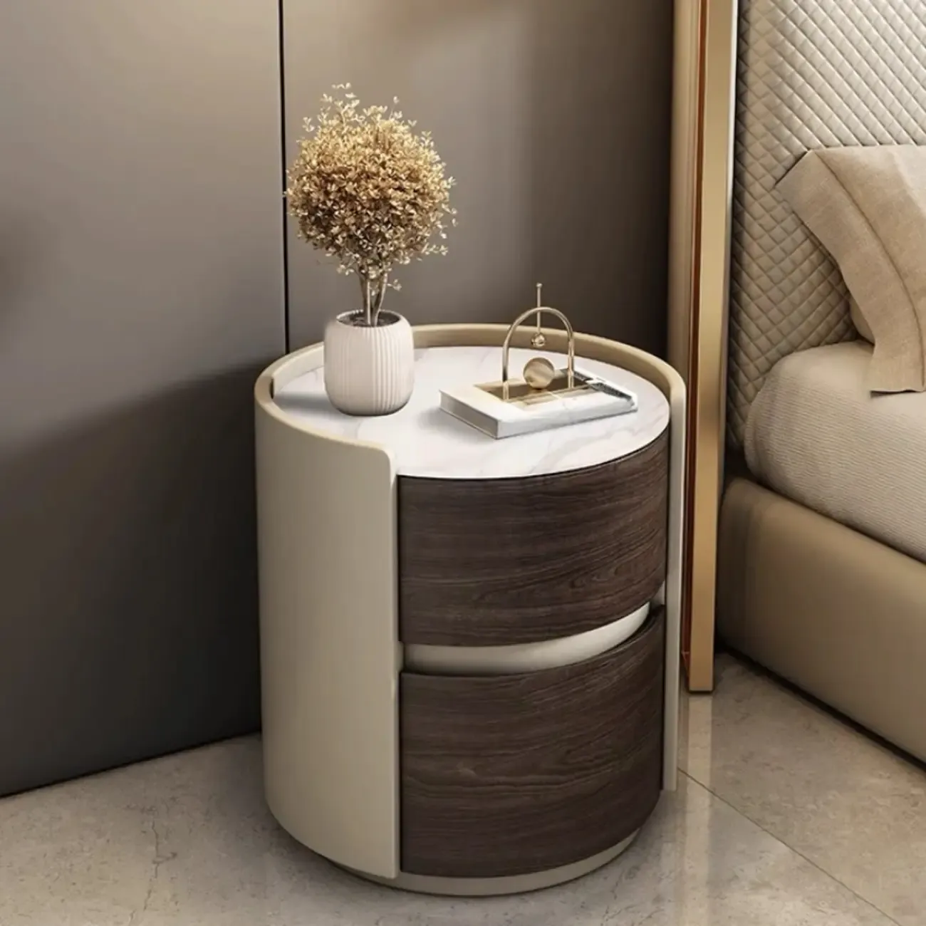 Narrow Pine Wood Soft-Close 2 Tier Round Bedside Table Image - 4