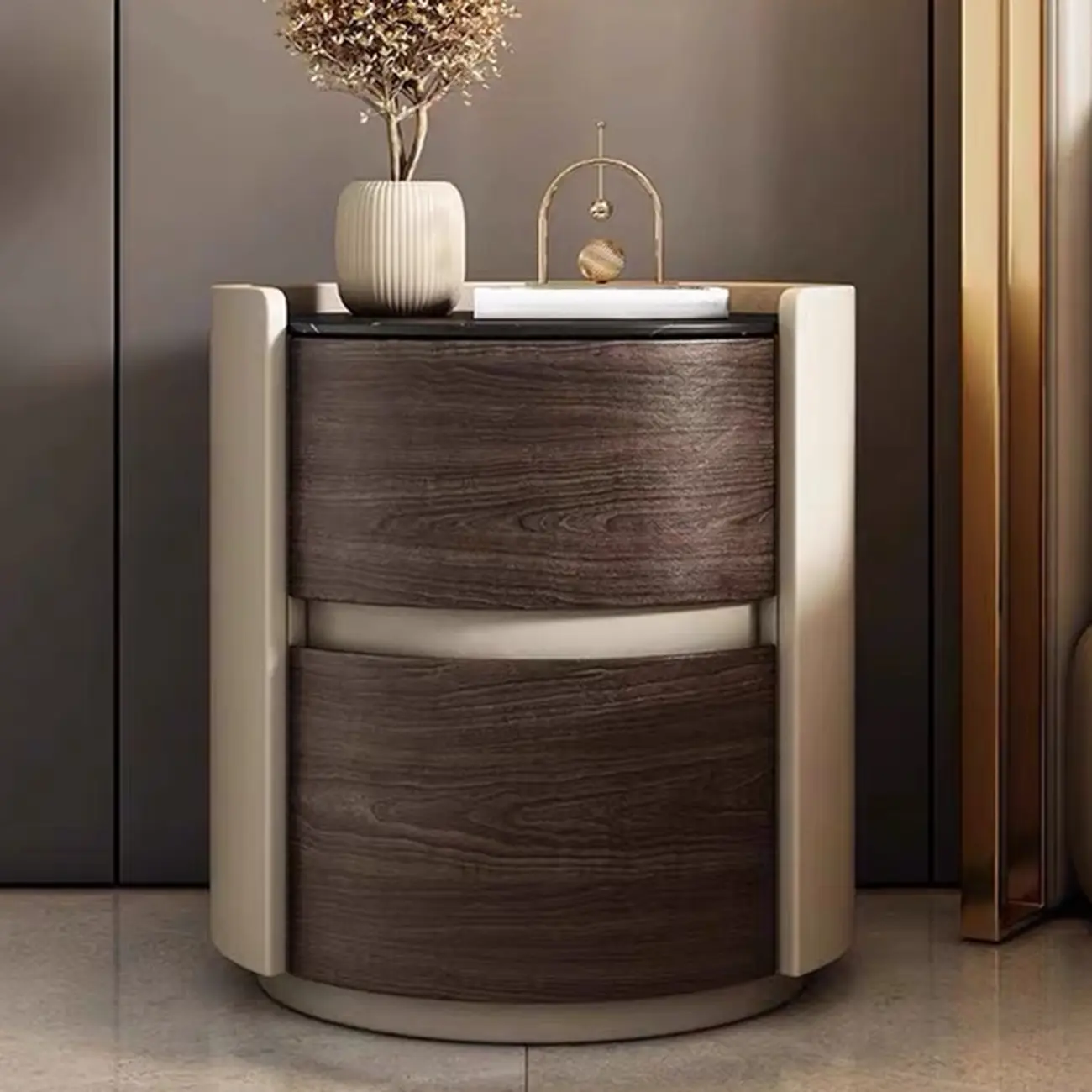 Narrow Pine Wood Soft-Close 2 Tier Round Bedside Table Image - 5 | homeyfad